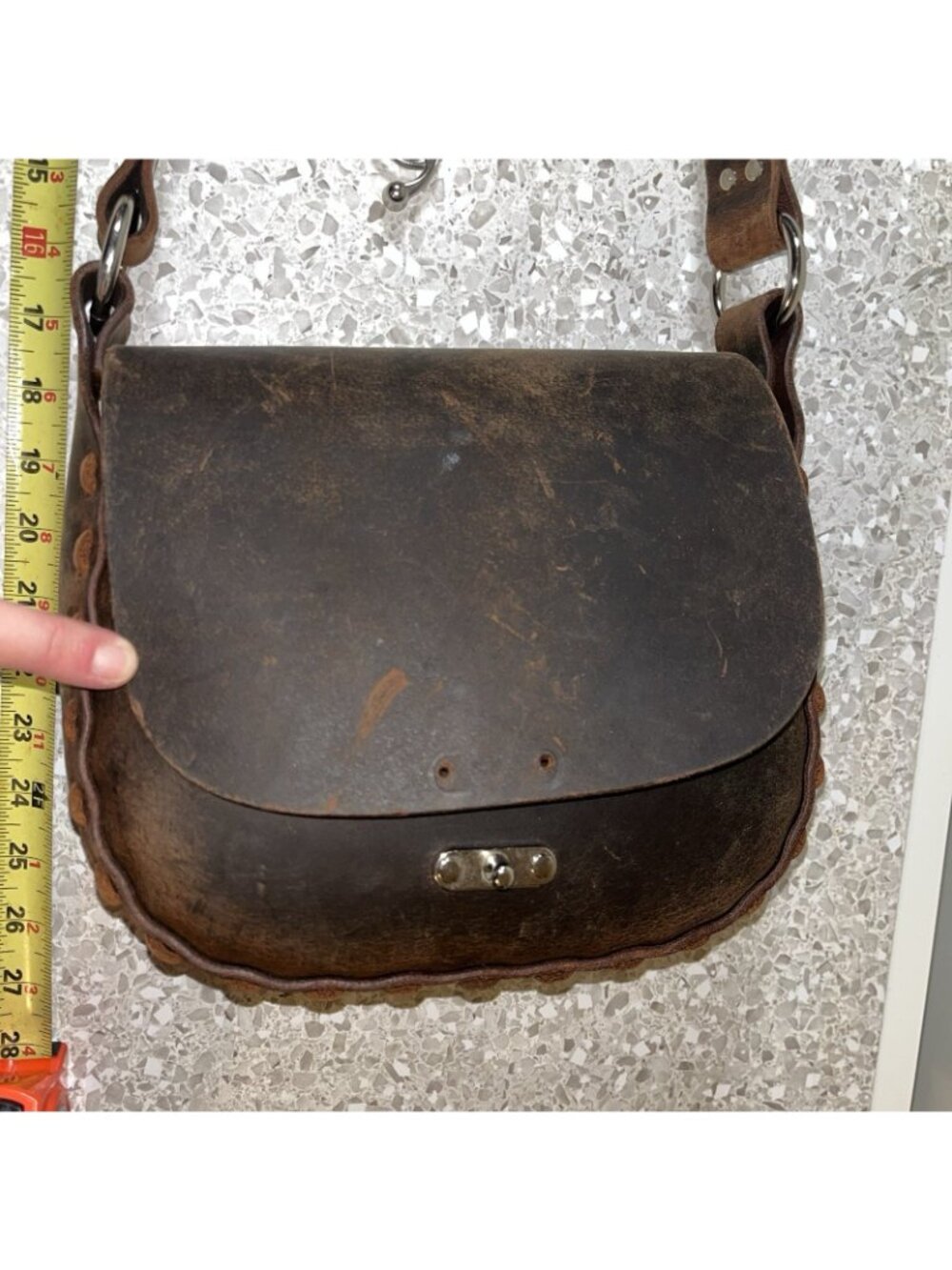 Brown Leather Handbag Purse Structured Whipstitch Swing Lock Steampunk FLAW READ - Picture 2 of 8